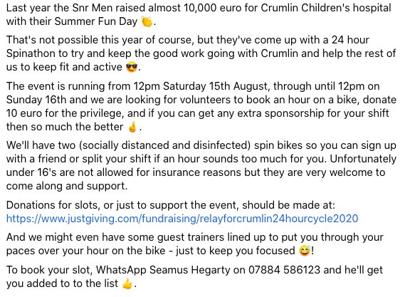 MovilleGAA's tweet photo. Sign up today for our 24 hour Spinathon - it’s good for you, and even better for @CMRF_Crumlin 👍🏼! https://t.co/23FnS0zaSx