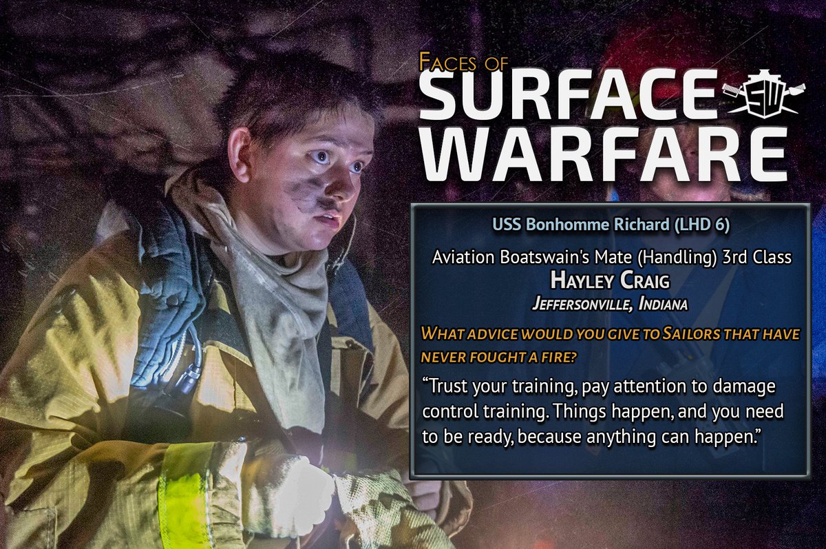 SurfaceWarriors's tweet photo. Our August #FOSW is Aviation Boatswainโs Mate (Handling) 3rd Class Hayley Craig, from Jeffersonville, Indiana.
ABH3 Craig was one of the many valiant Sailors who battled the blaze onboard @LHD6BHR earlier this month while the ship was pier side at @NavBaseSD.
#PeopleMatter https://t.co/PbSmtIkaQc