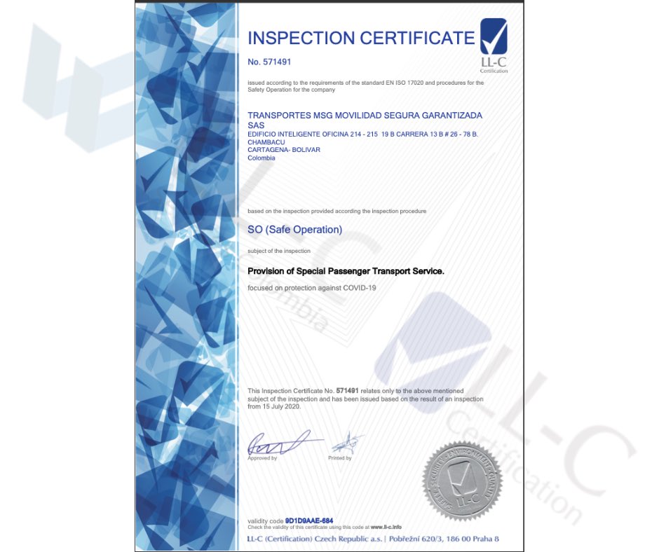 LLCServicesCol's tweet photo. La empresa Transportes MSG obtiene el certificado de la inspección a sus protocolos de bioseguridad con Safe Operations COVID-19! Felicitaciones !!! https://t.co/amYxdFfzDn