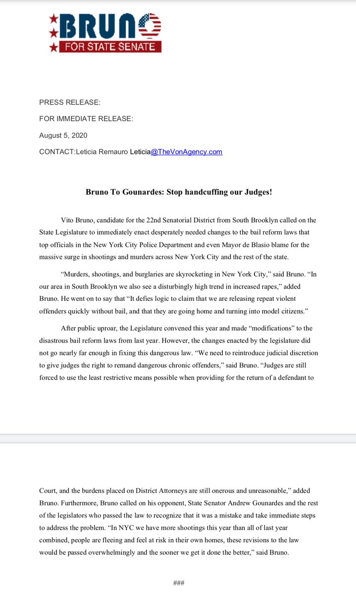 VitoBruno718's tweet photo. Check out our latest Press Release. 
Bruno to @Sen_Gounardes: Stop handcuffing our Judges! #BailReform #NYC #Brooklyn https://t.co/H4H1qp8DWx