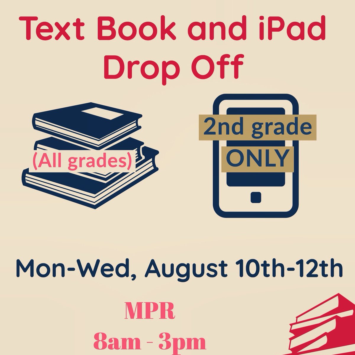 To ensure all students are prepared to begin distance learning, we are asking all Stanford students to return the last year's textbooks and any incoming 2nd graders that borrowed an iPad last year, to return them to the MPR on Aug 10-12 from 8-3.
