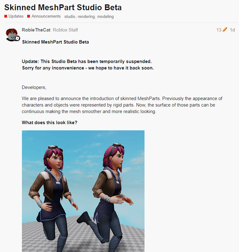 Rtc On Twitter News Updates Skinned Meshes Have Been Recently Disabled For An Unknown Reason This Update Got A Lot Of Misinformed Hate About This Update Being Rthro When It Was Not At - roblox studio custom rthro