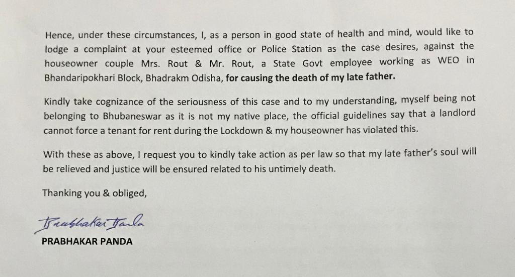Prabhakar Panda (@prabhak77813142) on Twitter photo During #COVID19 <a href="/CMO_Odisha/">CMO Odisha</a> has told houseowners not to ask rent forcibly from tenants. But my family paid heavy price due to constant pressure for rent from my house owner leading to death of my father.
Pray <a href="/cpbbsrctc/">COMMISSIONERATE POLICE</a> <a href="/SarangiSudhansu/">Dr Sudhanshu Sarangi</a> ji for justice🙏
<a href="/SecyChief/">ChiefSecyOdisha</a>
<a href="/DGPOdisha/">DGP, Odisha</a> During #COVID19 <a href="/CMO_Odisha/">CMO Odisha</a> has told houseowners not to ask rent forcibly from tenants. But my family paid heavy price due to constant pressure for rent from my house owner leading to death of my father.
Pray <a href="/cpbbsrctc/">COMMISSIONERATE POLICE</a> <a href="/SarangiSudhansu/">Dr Sudhanshu Sarangi</a> ji for justice🙏
<a href="/SecyChief/">ChiefSecyOdisha</a>
<a href="/DGPOdisha/">DGP, Odisha</a>