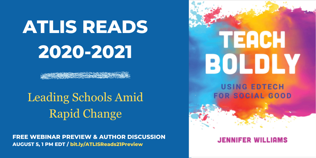 JenWilliamsEdu's tweet photo. Looking forward to joining education leaders coming up in 30 minutes with @theatlis. So honored that #TeachBoldly is their text of choice as they approach this new school year. #ATLISREADS https://t.co/dO2a86saPj