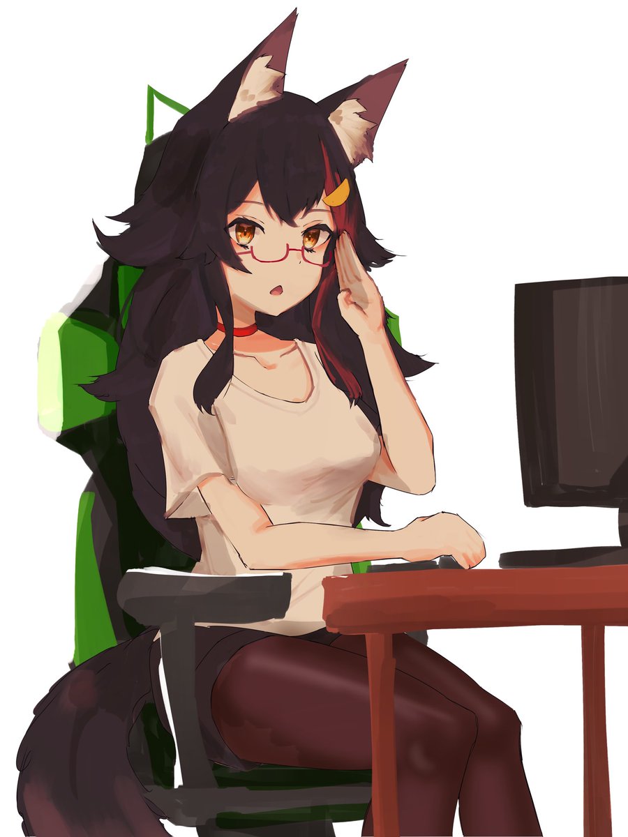 ookami mio 1girl animal ears solo wolf ears black hair glasses pantyhose  illustration images