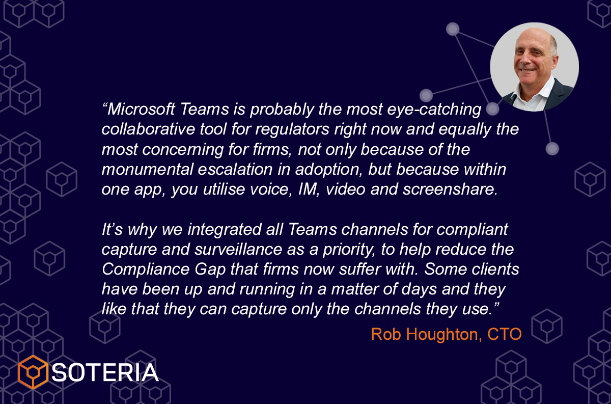 "We integrated ALL #MicrosoftTeams channels for compliant capture &amp; surveillance as a priority" - Our solution is already LIVE, running &amp; enabling clients to plug this latest gap in their monitoring efforts. See yourself! Contact us. #RiskManagement #Compliance #FinTech #RegTech