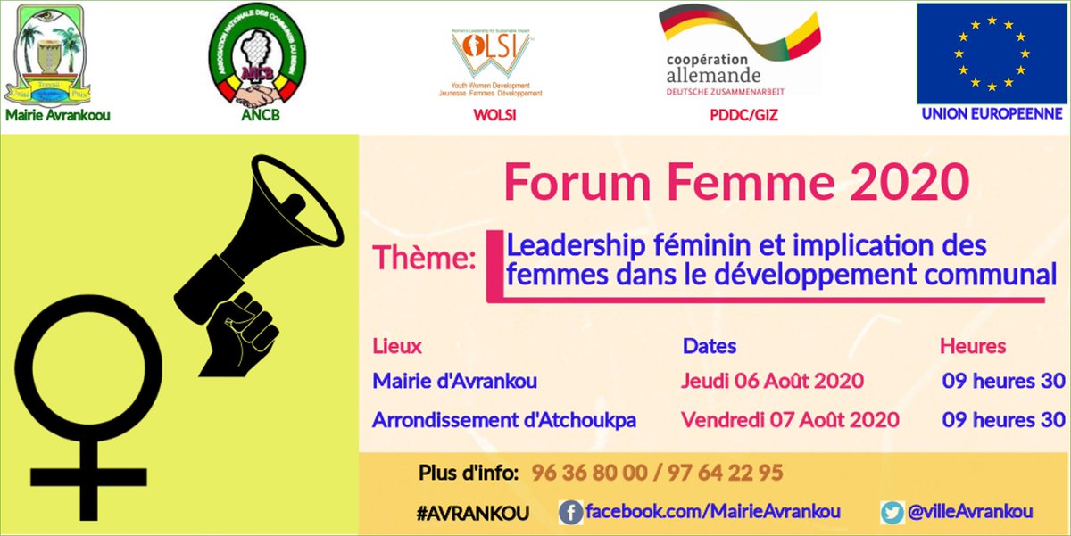 villeAvrankou's tweet photo. Prenons les rdv du jeudi 06 et du vendredi 07 août pour le Forum #Femme sur le thème "Leadership féminin et implication des femmes dans le développement communal"  à #Avrankou avec @ancbenin, @WoLSI_Officiel et #PDDC/@giz_gmbh @UEauBenin 
#wasexo #Benin #womenempowerment https://t.co/z77oWUrlfS
