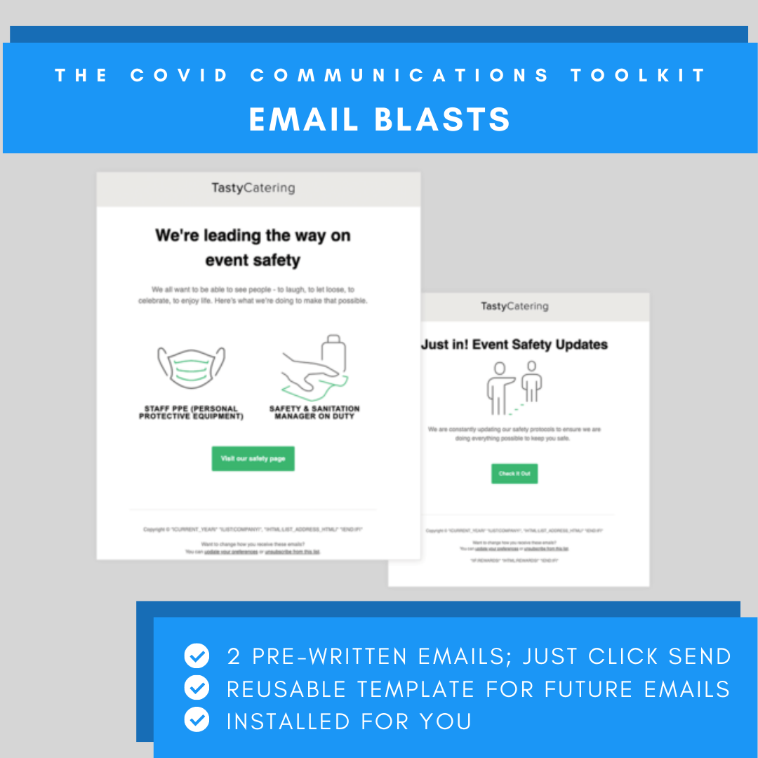 Directly communicate with your email list about all the #safety precautions you’re taking to keep them safe! We’re offering #email blasts that clearly lays out all that you’re doing and link to your branded landing page. Take a look at the entire #toolkit: bit.ly/2A1ff7T