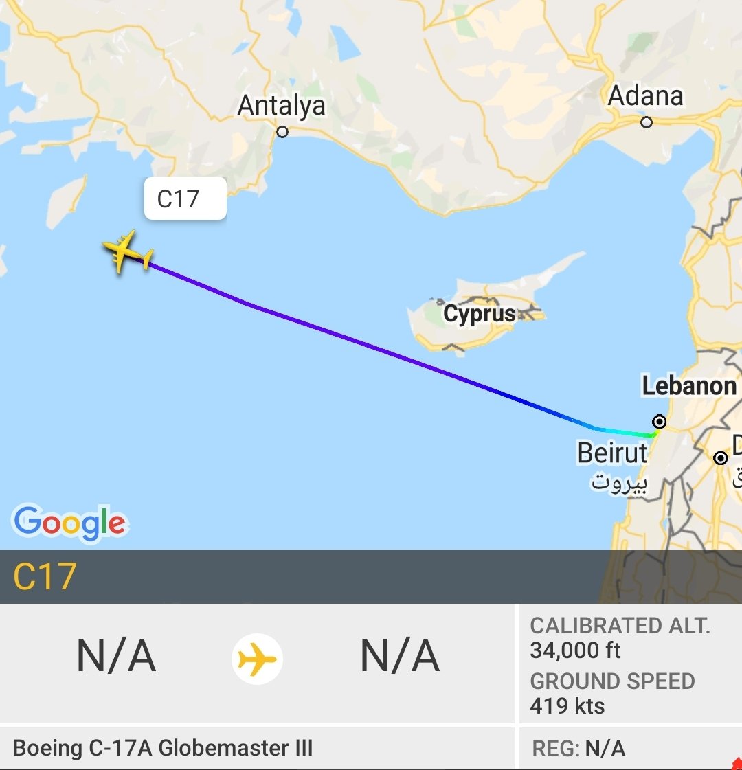 Earlier, another Qatari c17 landed  #Beirut   earlier. Now airborne