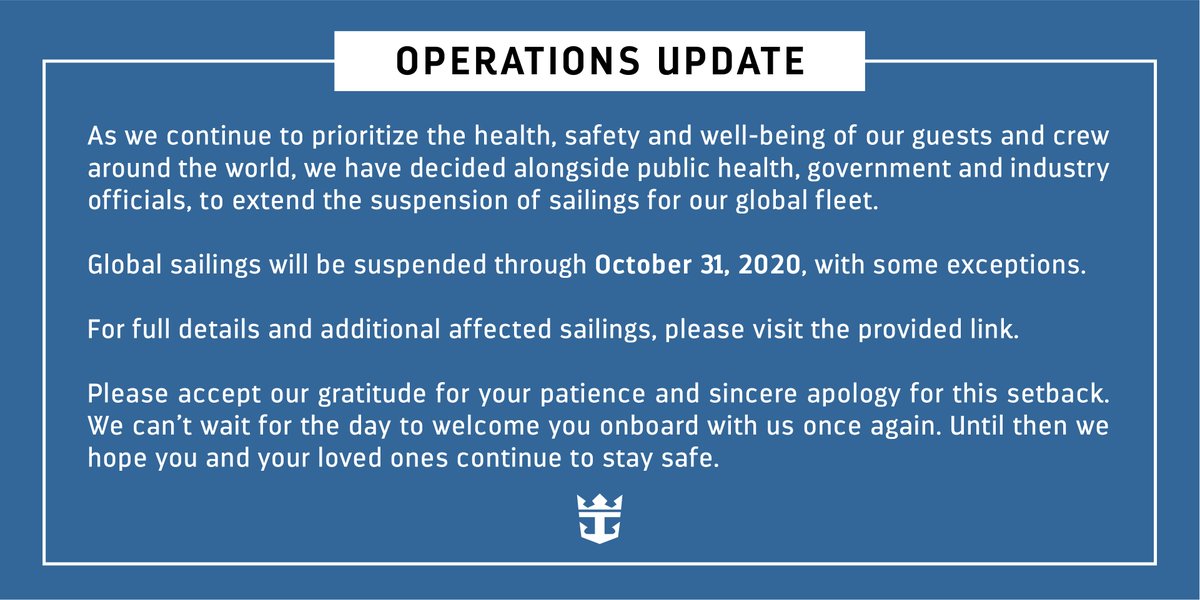 RoyalCaribbean's tweet photo. Important update on sailings through October 31, 2020. 🔗 https://t.co/t9930nMmcH https://t.co/FFrjiQeQi7