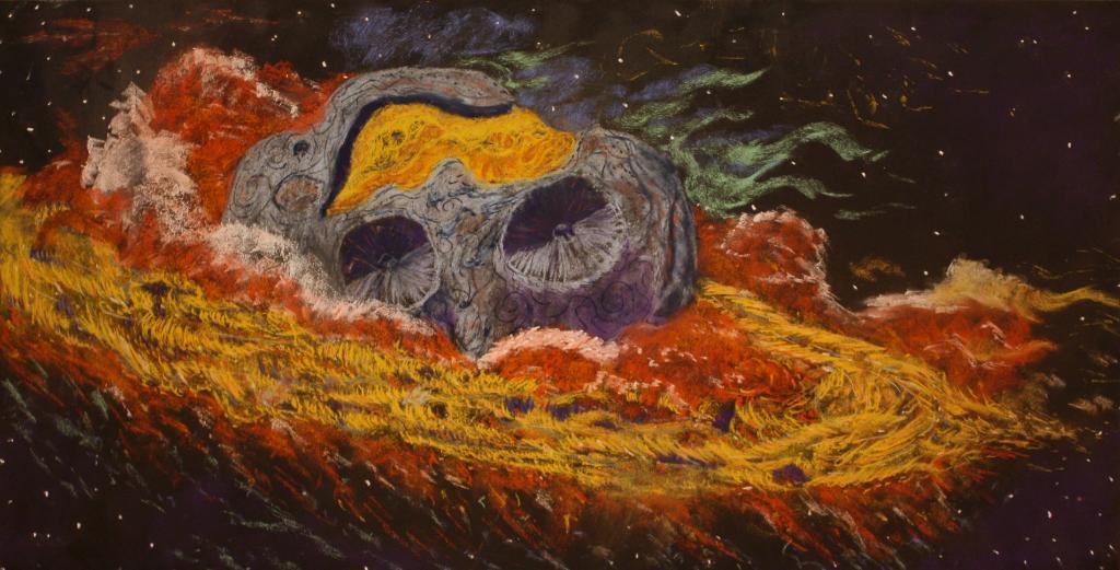 Psyche Inspired piece called "Metal Clouds" by Finn Witt. Medium: Chalk pastel on wood. Shows asteroid surrounded by clouds of fiery gas.