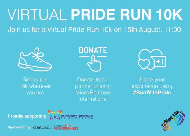 PrideRun10K's tweet image. It’s 10 days until this year’s virtual @PrideRun10K!
🏃‍♂️ Run 10k wherever you are on Saturday 15th August
🏳️‍🌈 Donate if and what you can to @MriFoundation 
📸 Share you run selfies, routes, times, whatever you want with #RunWithPride