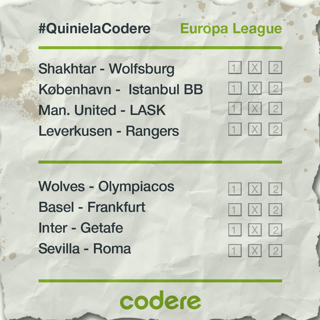 CodereApuestas's tweet photo. ¡PONGÁMONOS CALENTITOS PARA HOY! 
Esta semana toca Europa League y con ella 50€ en la #QuinielaCodere 💰🧐

✅Síguenos
💪Responde utilizando el #
🚫Solo 1 quiniela por usuario
⏱️Límite: Inicio del 1er partido
🙌Si no hay ganador, se acumula

* Sorteo freebet de 10€ entre los RT https://t.co/iqP5OZlWrE