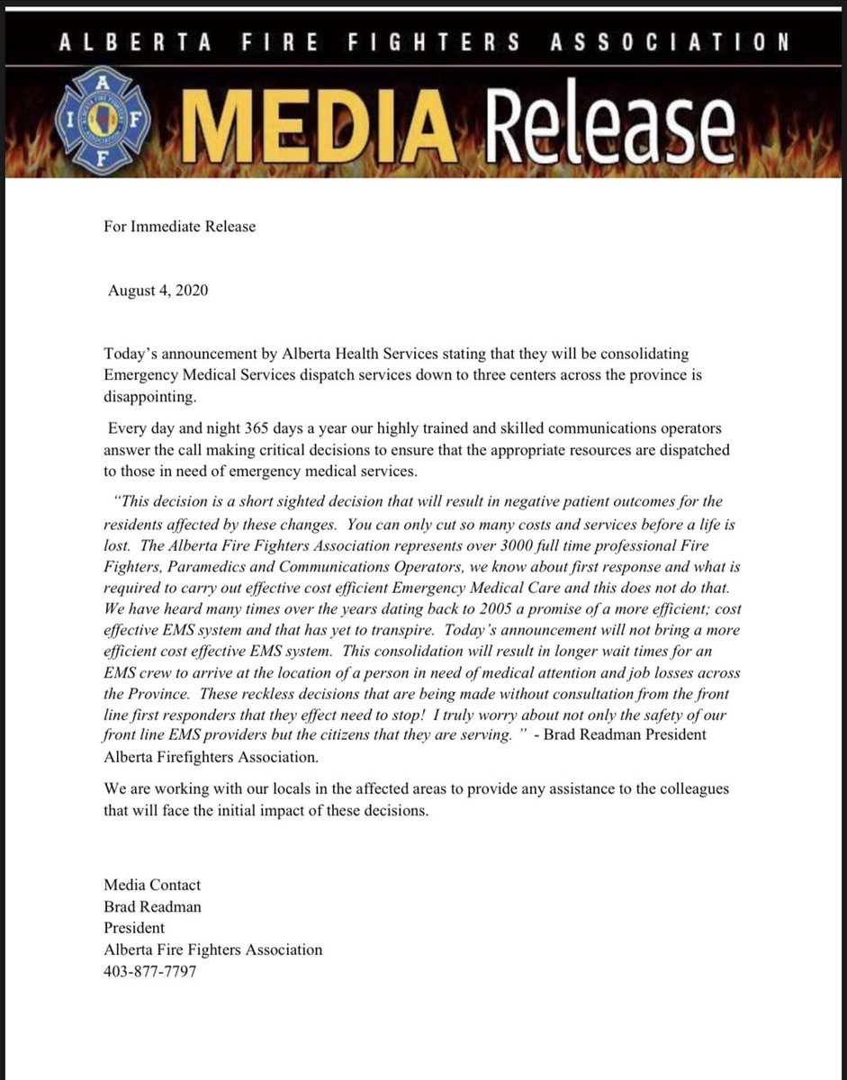 This consolidation will have a negative impact on patient outcomes. The lack of consultation with the hard working first responders who work tirelessly on a daily basis to provide EMS to the communities that they serve is truly disappointing . #abpoli