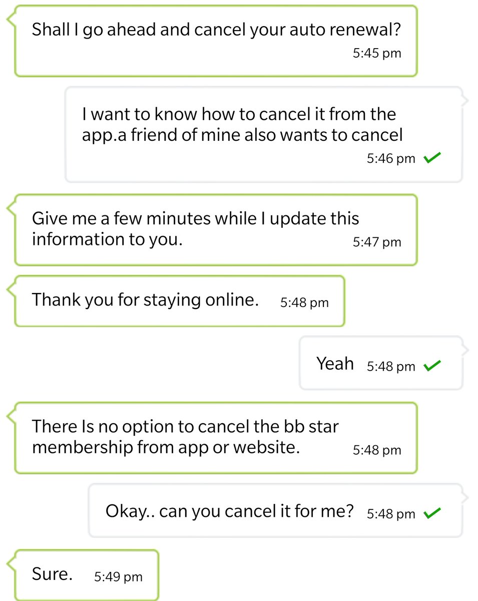 iamrahil's tweet photo. @bigbasket_com Got it from the customer care. There is no way to cancel bbstar membership from the app or website. You have to contact them to stop them from auto debiting money from your account https://t.co/zkniePVD1h