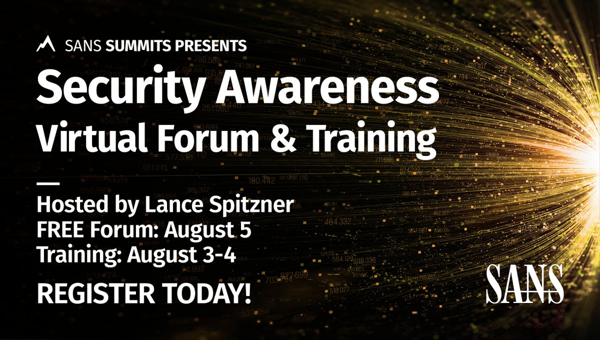 SANSInstitute's tweet photo. Starting in 1 hour! Join us for today's FREE #SecAwareForum to gain insight on the latest proven advances and approaches in remotely communicating to, engaging and securing your workforce. Check out this stellar line up and register now: https://t.co/3F9hxaevz7 #SecAware https://t.co/yqjMk1VOBM