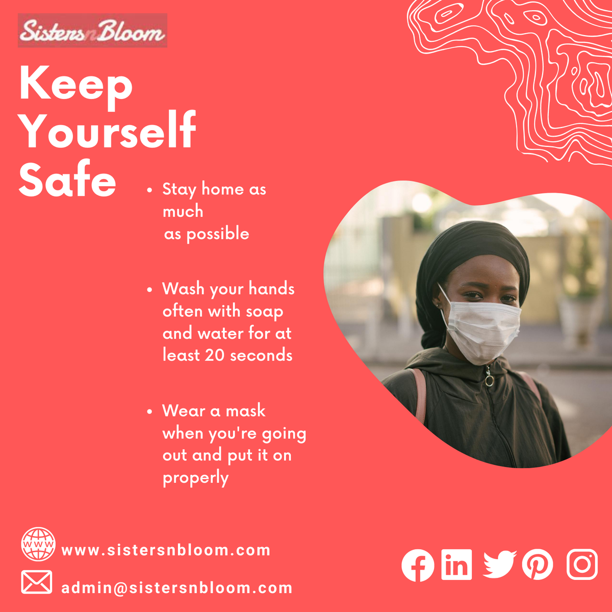 Let’s take action to stop the spread of COVID-19. Protect yourself and others around today.

#SistersNBloom #COVID19 #StayHome #StaySafe #SpreadCalmNotFear  #Lockdown #SafetyMeasures #WearYourMask #SocialDistancing