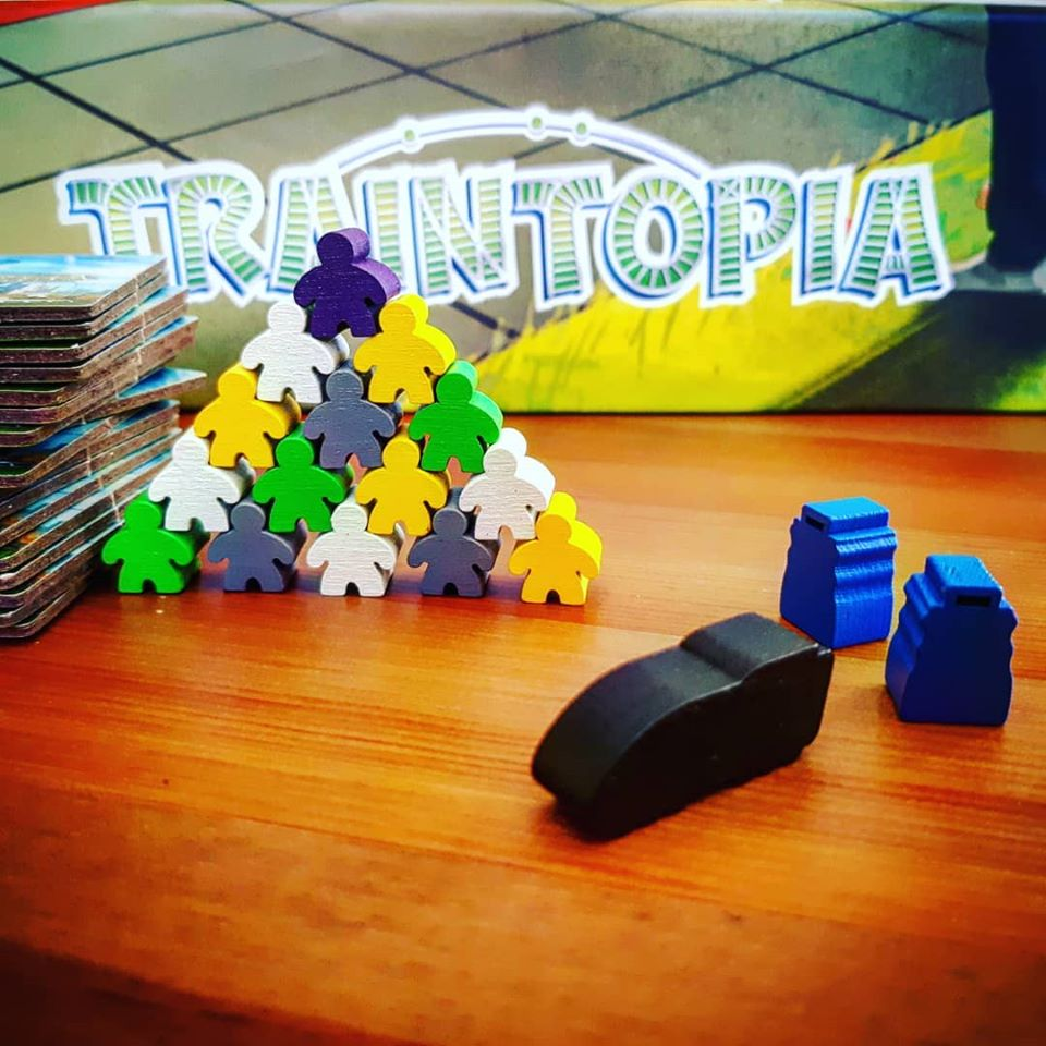 BoardAndDice's tweet photo. Traintopia: a game about carefully building a meeple pyramid and then tipping it over, frantically looking for the right track, and fighting your cat for that precious tile.
#boardgame #train #traintopia #cat #meeple #boardgamepics #stayhome #playgames #allthatworkfornothing https://t.co/39s4HY5cC2