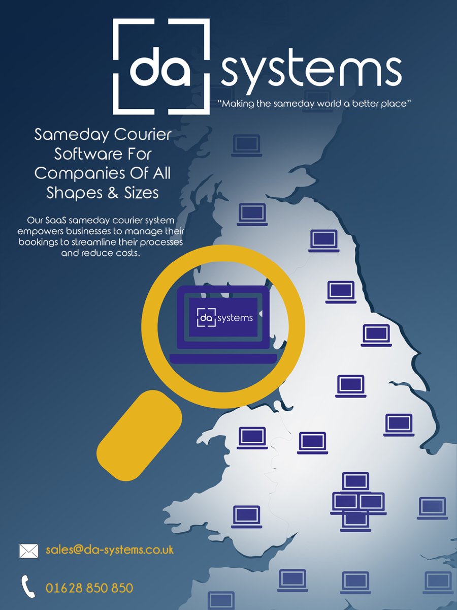 DASystems's tweet image. Our software supports sameday couriers nationwide!
Why not give us a call or drop us a email to find out how DA Systems can benefit you #saas #topbox #aci #sameday #couriers #samedaysoftware #courierindustry #london