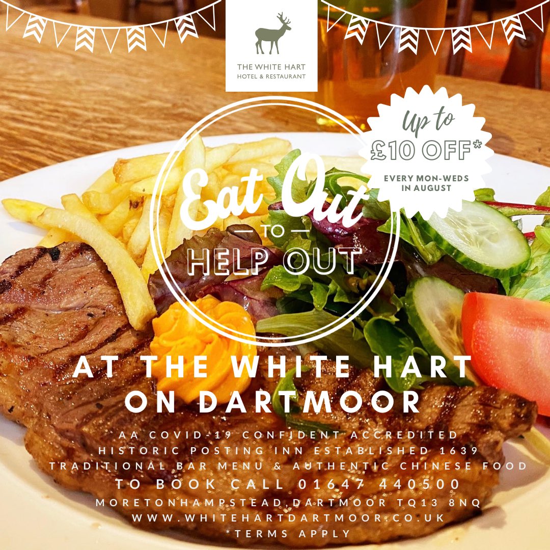 During August diners at The White Hart will be able to benefit from 50% off food &amp; soft drinks thanks to the government's Eat Out to Help Out scheme. The discount allows diners to get a maximum 50% on Mondays, Tuesdays &amp; Wednesdays. To reserve a table call 01647 440500. #Dartmoor