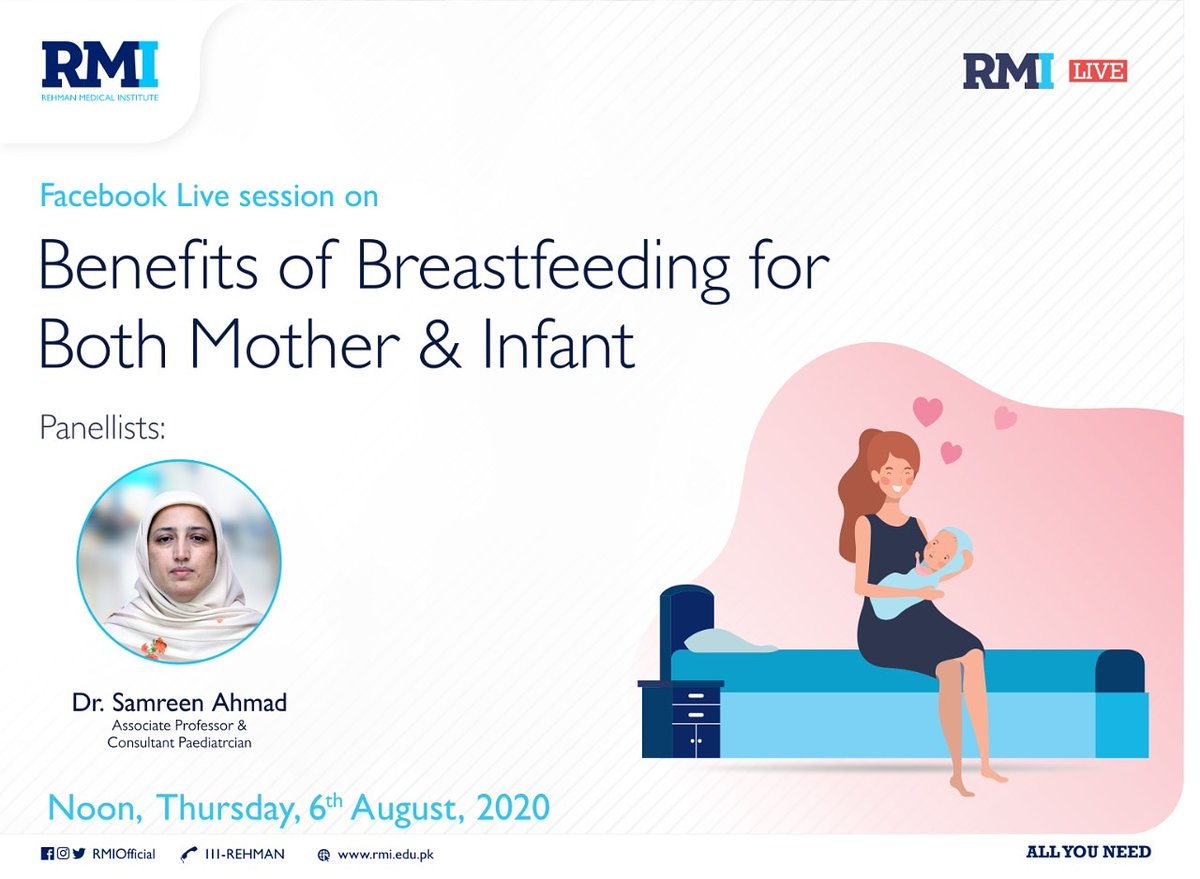 RMIOfficial's tweet photo. Watch Dr. Samreen Ahmad Consultant Paediatrician, live on our FB page for a talk on “Benefits of Breastfeeding for Both Mother & Infant”. A Q&A session will be held after the discussion. Ask your questions in the comments section.
Noon, Thursday, the 6th of Aug 20
#RMILive https://t.co/sjPBrZwRdi