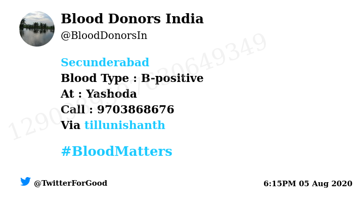 BloodDonorsIn's tweet photo. #Secunderabad
Need #Blood Type :  B-positive
At : Yashoda
Blood Component : Need Plasma from B+ve #COVID19 recovered patient.
Primary Number : 9703868676
Via: @tillunishanth
#BloodMatters
Powered by Twitter https://t.co/47oPi5O7FQ