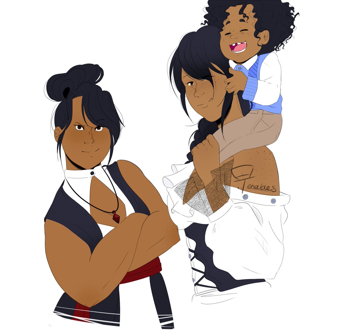 So a while back I commissioned the lovely <a href="/_tenables_/">Tenables ➡️ Bluesky @tenables</a> for a piece with my dumbass ocs and they delivered a piece so wonderful that I almost cried. Look at them. Dumbasses. I love them. Thank you Tena, you angel!!