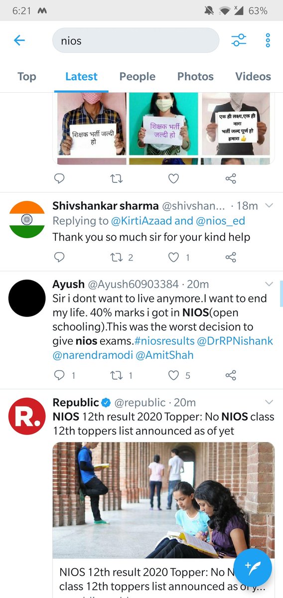bhxlabaccha's tweet photo. No one can imagine the amount of stress students are dealing with after the declaration of NIOS result 2020. 
Disheartened and suicidal tweets are floating in the media, why have you all turned a blind eye to this? Pathetic.
@ANI @ndtvindia @aajtak @ABPNews @DrRPNishank @PMOIndia https://t.co/PVOLpNnaYH