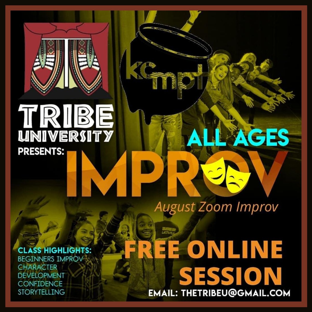KCMeltingPot's tweet photo. Improv training is back! FREE weekly online sessions provided in collaboration with Tribe University during the month of August.
Email thetribeu@gmail.com for the Zoom link & more info.
#kcmpt #kcmeltingpottheatre #blacktheatre #localevents #kccomedy #improv #kcimprov https://t.co/mmhDLy8GV4