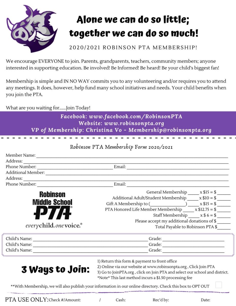 TheRobinsonPTA's tweet photo. Everyone is encouraged to join the PTA! Parents, Grandparents, Teachers, Community members. Please see form below along with direct link - https://t.co/BsOOMo8Gqw @RobinsonRazorb1 #planopta https://t.co/Y2ihwnx6Xp