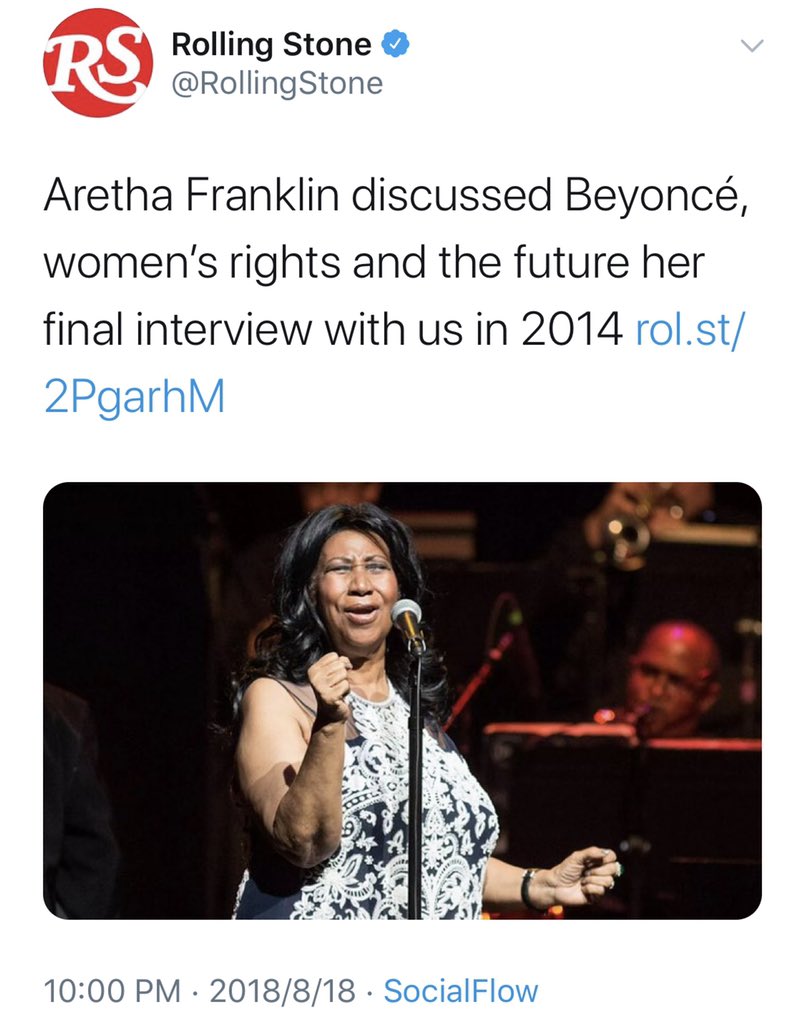 2) Aretha Franklin talked about Beyoncé’s impact on Feminism in her last interview with  @RollingStone:“I came to see Beyoncé in concert and came out feeling uplifted” .. “Beyoncé speaking on feminist issues could bring it to the forefront more.”