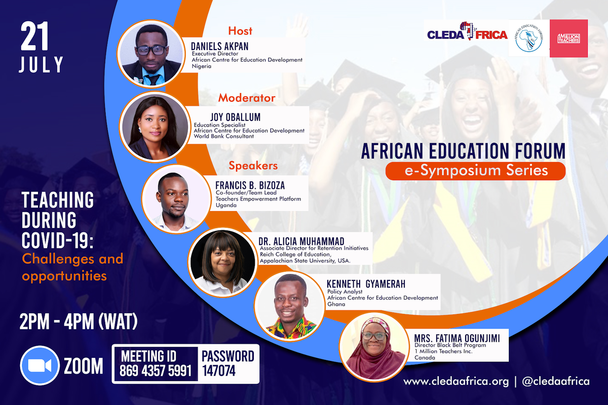Dr. Alicia Muhammad was invited as a panel discussant for the Virtual Education Symposium, "Teaching During COVID-19: Challenges andOpportunities” held by the African Centre for Educational Development - CLEDA Africa. She was one of four international panelists. <a href="/CledaAfrica/">African Centre for Education Development</a>