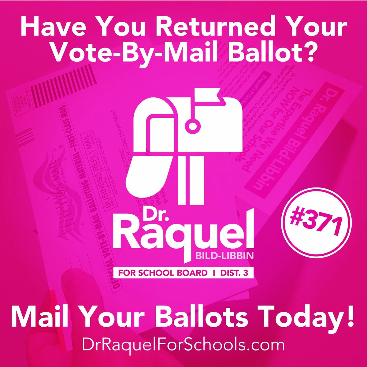 RaquelLibbinPhD's tweet photo. 📬 Have you completed and returned your ballot?

🗳Make sure you mark #371 to vote Dr. Raquel Bil-Libbin for School Board then return your ballot or vote early in person today! 
https://t.co/NnaHcP02cZ https://t.co/JeSq5BrbKN