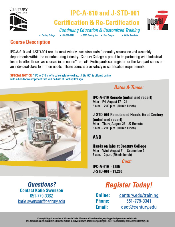 CenturyCECT's tweet photo. IPC-A-610 & J-STD-001 Certification & Re-Certification is available at @CenturyCollege!
Find your course & Register here:
https://t.co/ik5kgfQVfX
#centurycollege #IPCA610 #JSTD001 #manufacturing #manufacturingtraining #highereducation #industrialinsite https://t.co/aZjt1qYUlo
