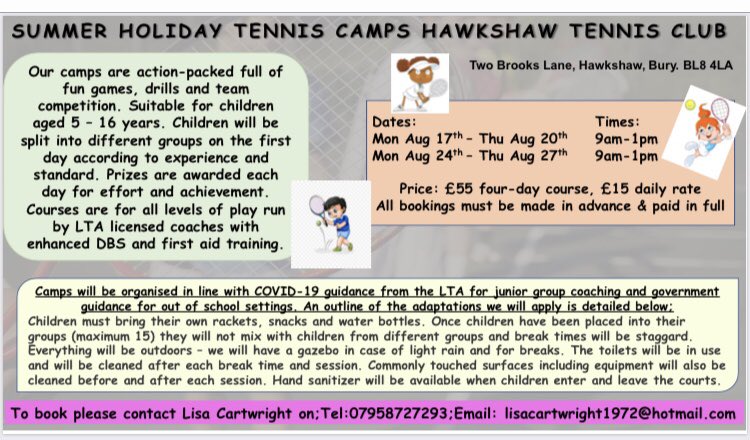 Summer Holiday Tennis Camps 2020

There are still a couple of spaces left on both of the summer camps weeks. If anyone else would like to book on just let me know which dates you would like and I will let you know if there are spaces left on those dates. 

Looking forward to it!
