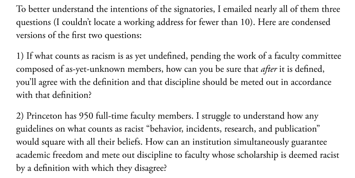 But perhaps the author just didn't succeed in gaining the signatories' trust that their voices/perspectives would be reported honestly? A clue: how he describes the process via which he reached out to speak with them. Hard hitting is one thing... leading is another. (6/7)