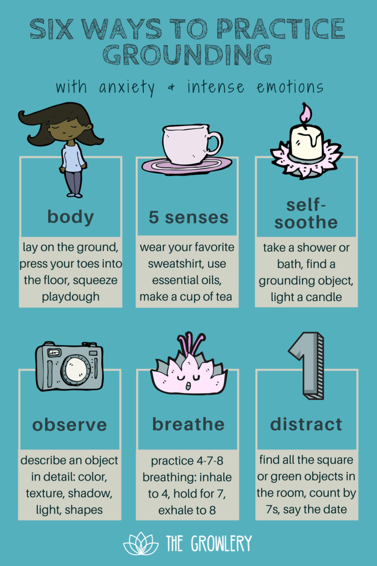Six ways to practice grounding techniques by using your body, five senses, self-soothing (like smelling your favorite candle), observation, breathing, and distraction.