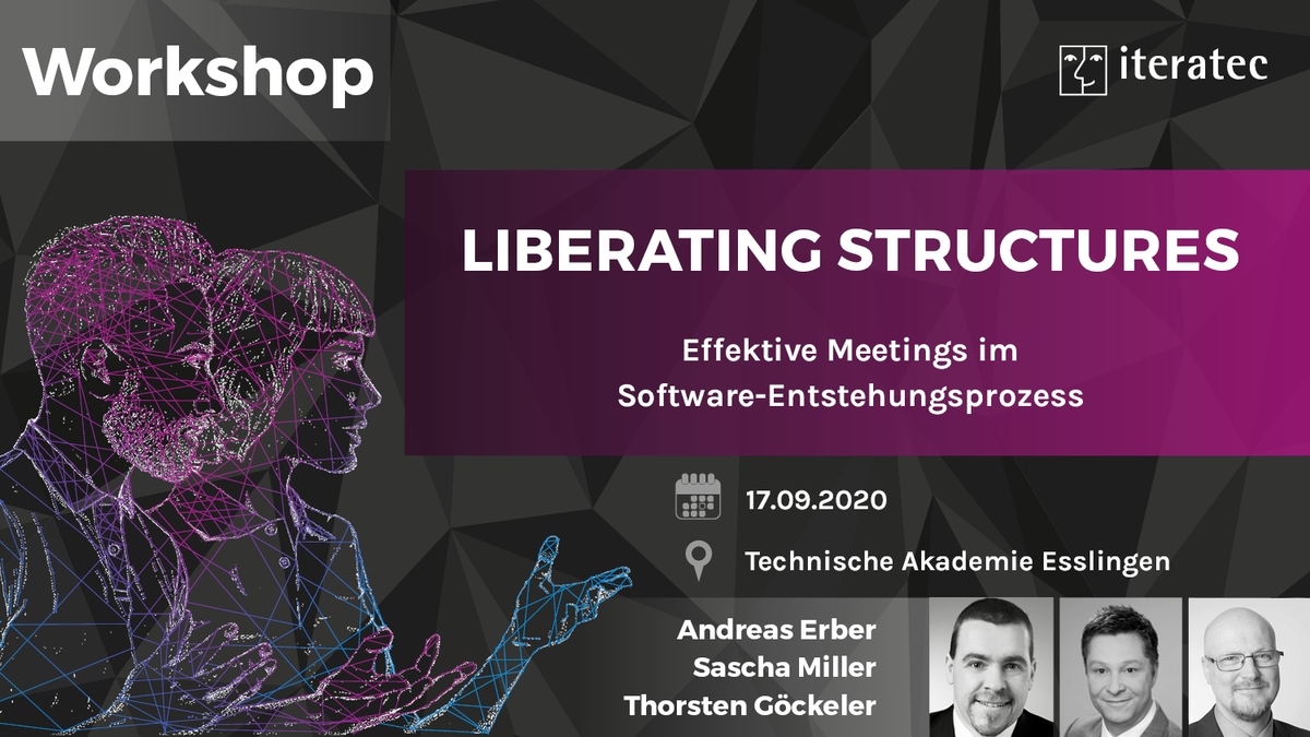 Am 17.09.20 kannst du #liberatingStructures an der TAE kennenlernen. Zusammen mit meinen <a href="/iteratec/">iteratec</a> -Kollegen Sascha Miller und <a href="/tgoeckeler/">Thorsten Göckeler</a> bist du mittendrin und kannst die LS am eigenen Leib erfahren. Weitere Information auf tae.de/seminar/semina… Ich freu mich auf dich!