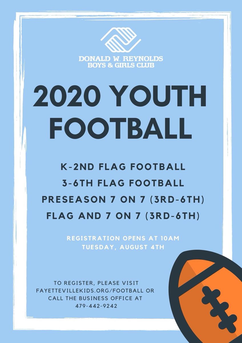 Cheer and football registration are underway! Register online at fayettevillekids.org or call the business office.