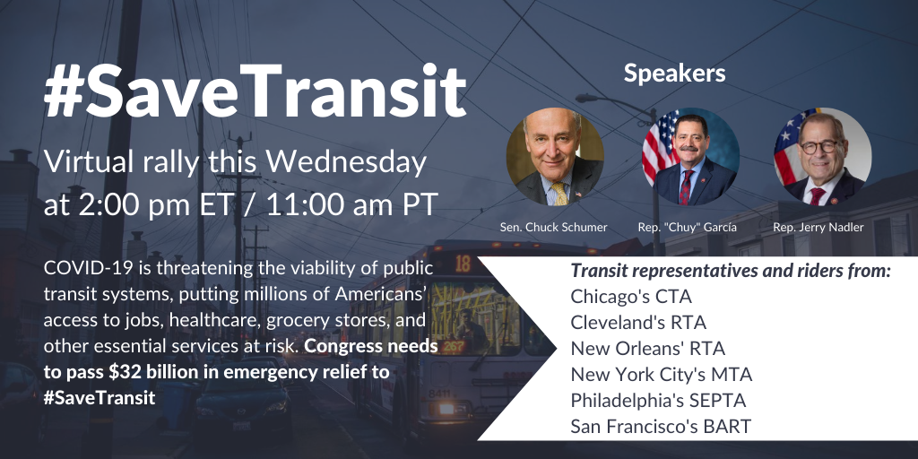T4America's tweet photo. TODAY: Rally to #SaveTransit with 
@SenSchumer, @RepChuyGarcia, @RepJerryNadler, @TTDAFLCIO, and @transportworker, and riders and executives from @MTA, @cta, @SFBART, @GCRTA, @NewOrleansRTA, and @SEPTA. 

Join us at 2pm ET! 
https://t.co/onfQB0OI5v https://t.co/078oj7feec