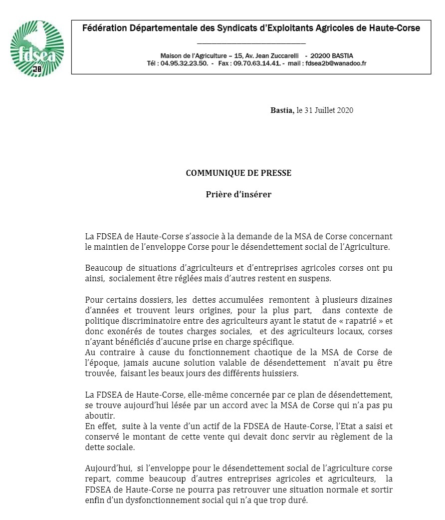 La FDSEA de Haute-Corse s’associe à la demande de la MSA de Corse concernant le maintien de l’enveloppe Corse pour le désendettement social de l’Agriculture.