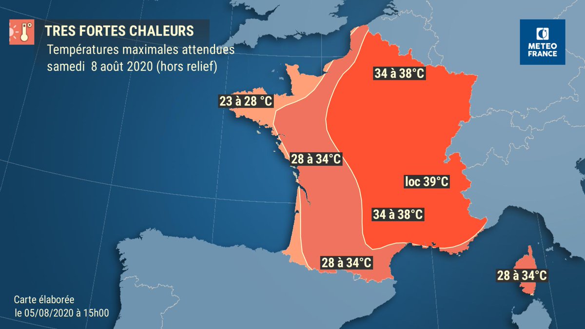 meteofrance's tweet photo. 🌡️#Forteschaleurs 

▶️ Voici les #températures maximales attendues pour les journées de vendredi et samedi. https://t.co/dl0QmFt3Lm