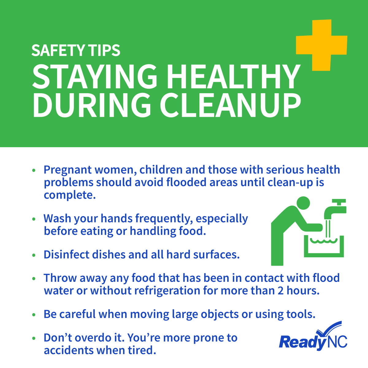 NCPublicSafety's tweet photo. Cleaning up after the storm? Take steps to keep you & your family safe now & in the days to come.
1) Wash your hands frequently,
2) Wear a mask during cleanup
3) Throw out items that can't be cleaned well
4) Follow these tips to get rid of mold and mildew
#StaySafeNC https://t.co/xNFfooK6qZ