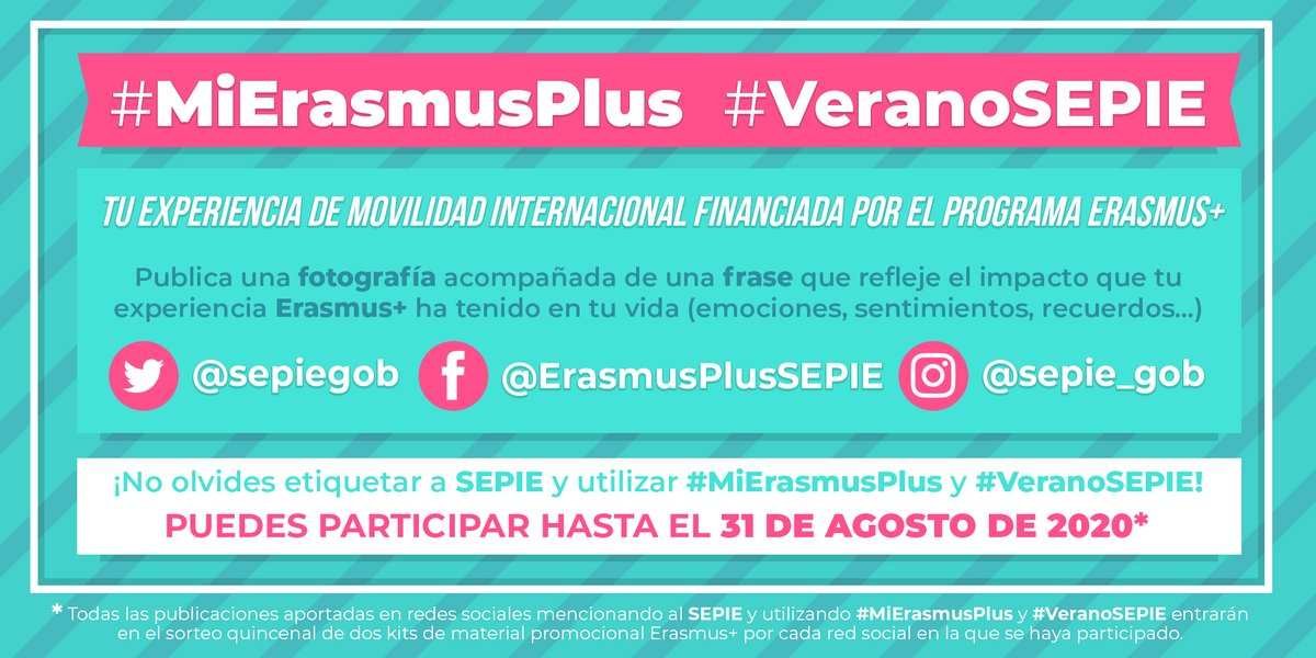 sepiegob's tweet photo. ¡Queremos conocerte 😊!

💙 Amistad, futuro, madurez… ¿Qué palabra representa mejor el impacto de tu experiencia #ErasmusPlus?

Etiquétanos y utiliza los hashtags #MiErasmusPlus y #VeranoSEPIE para participar en nuestro sorteo de verano. 

🗓️ Hasta el 31 de agosto de 2020. https://t.co/KnXRjz98JH