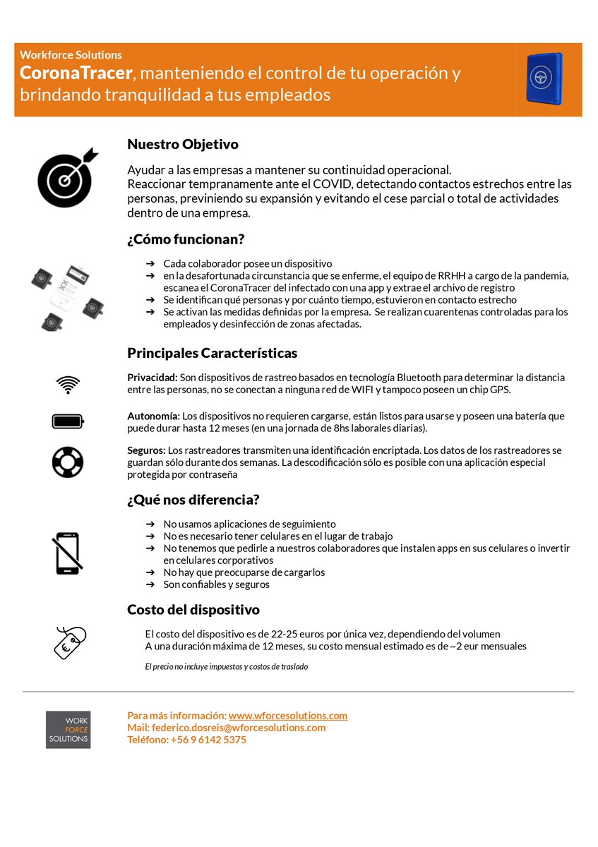 WFSolutions_cl's tweet photo. Paulatinamente está aumentando el trabajo presencial. En @WFSolutions_cl contamos con el #CoronaTracer un dispositivo especialmente diseñado para ayudar a las empresas a mantener la continuidad operacional cuidando a los equipos. #coronavirus #operación #rastreo #PasoAPasoLaboral https://t.co/5TUtcwJBKH