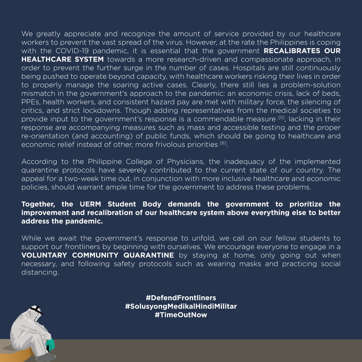 uermmsc's tweet image. [UNITY STATEMENT ON SUPPORTING OUR HEALTHCARE WORKERS]

#TimeOutNow
#DefendFrontliners
#SolusyongMedikalHindiMilitar