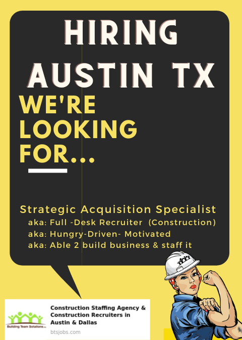 BTSJobsAustin's tweet photo. HIRING in #austintexas #RECRUITER full desk recruiter for the construction - industrial space.  #APPLYTODAY  - confidential -discreet inquiries welcome. https://t.co/jHy8SFCEh3