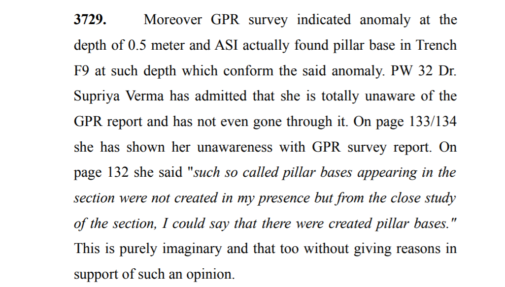 The Court observed:"Supriya Varma has admitted that she is totally unaware of GPR (archaeology) report. She has not even gone through it. Her statements are purely imaginary & she hasn't given reasons to support such an opinion"Source: Judgement of Allahabad High Court