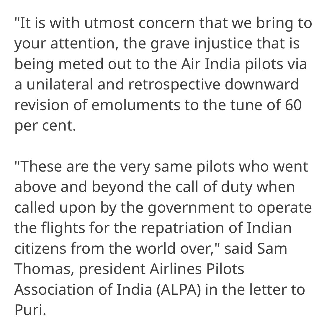 GuildPilots's tweet photo. President of ALPA, (@IFALPA 🇮🇳 Chapter) on #justiceforVandeBharatpilots 

“These are the very same pilots who went above &amp; beyond the call of duty when called upon by the govt to operate the flights for the repatriation of 🇮🇳 citizens from the world over”.
https://t.co/TOfnHRsu6t https://t.co/SIN6KrTx8I