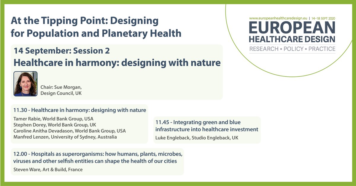European Healthcare Design 2025 (@ehdcongress) on Twitter photo Bringing together international perspectives on "Healthcare in harmony: designing with nature" at #EHD2020 virtual congress in September
Speakers from <a href="/WorldBank/">World Bank</a> <a href="/Sydney_Uni/">University of Sydney</a> <a href="/artandbuild/">ArtBuild Architects</a>
<a href="/StudioEngleback/">Luke Engleback</a>
Early bird discount until 3 Sept, register now at bit.ly/30pjAw5 Bringing together international perspectives on "Healthcare in harmony: designing with nature" at #EHD2020 virtual congress in September
Speakers from <a href="/WorldBank/">World Bank</a> <a href="/Sydney_Uni/">University of Sydney</a> <a href="/artandbuild/">ArtBuild Architects</a>
<a href="/StudioEngleback/">Luke Engleback</a>
Early bird discount until 3 Sept, register now at bit.ly/30pjAw5